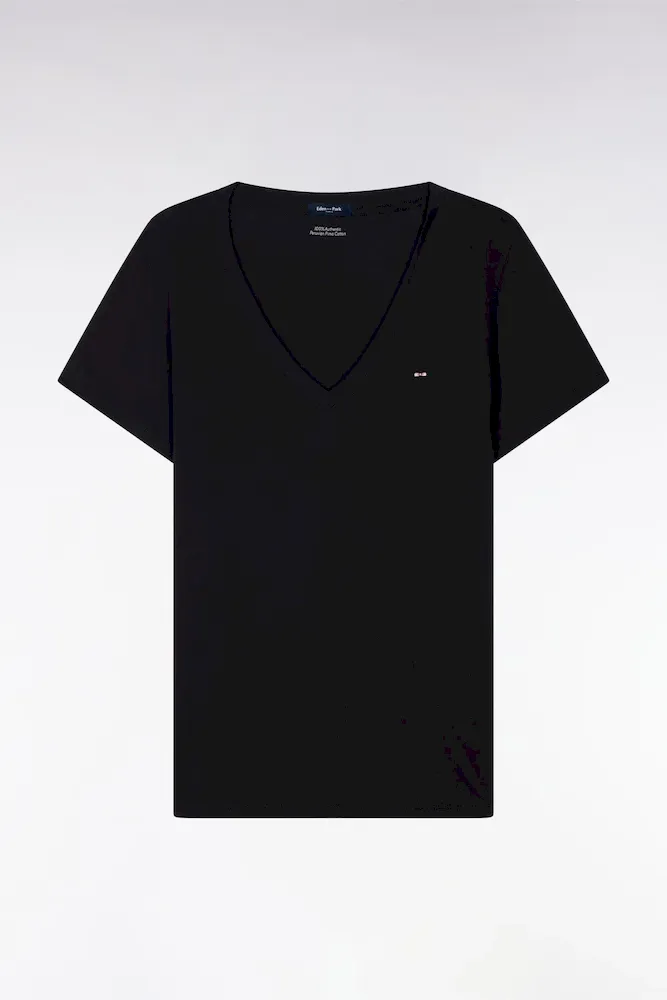 T-shirt à Manches Courtes Col V En Coton Pima Noir Coupe Regular