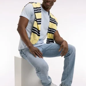 T-shirt à manches courtes en coton Pima bleu ciel brodé coupe regular