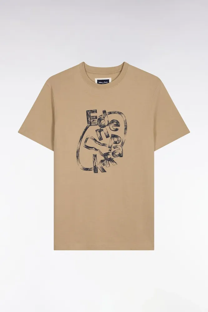 T-shirt à Manches Courtes En Coton Beige Sérigraphié Coupe Regular