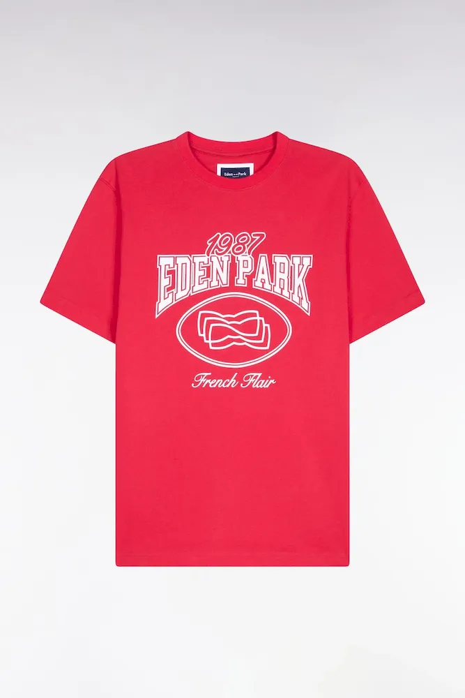 T-shirt à Manches Courtes En Coton Rouge Sérigraphie écrue Coupe Regular