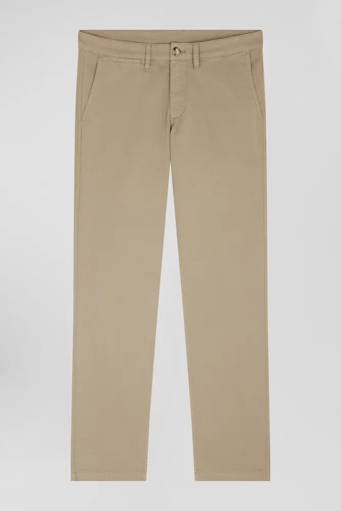 Pantalon Chino Beige En Gabardine De Coton Stretch Coupe Regular