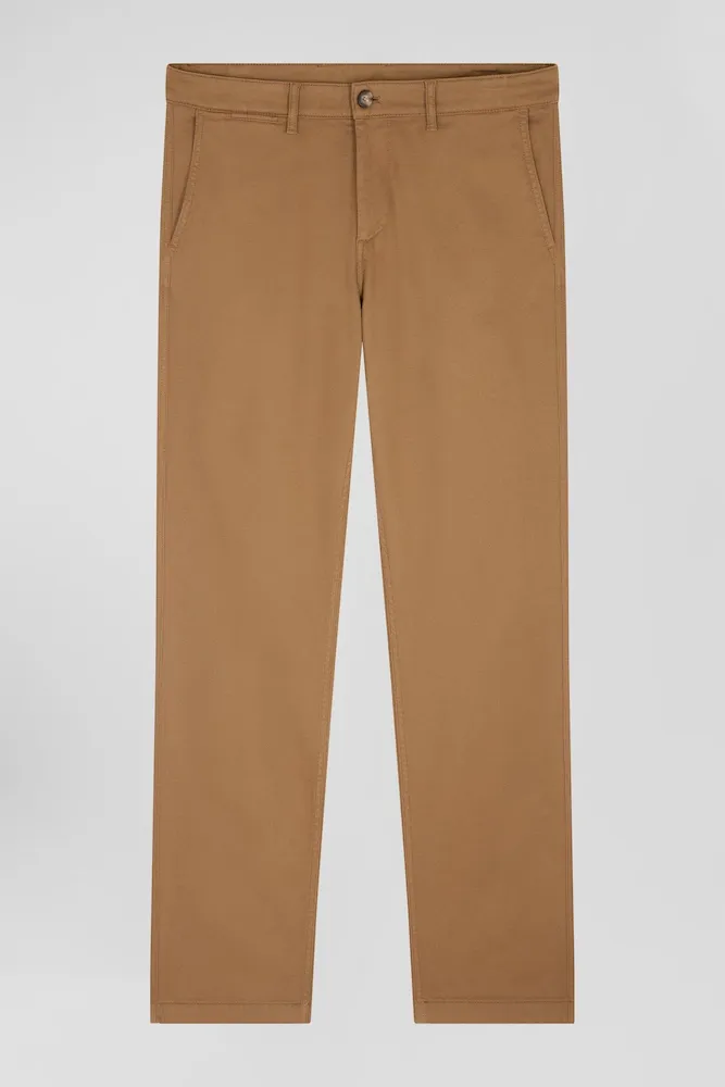 Pantalon Chino En Piqué De Coton Stretch Et Modal Noisette Coupe Regular