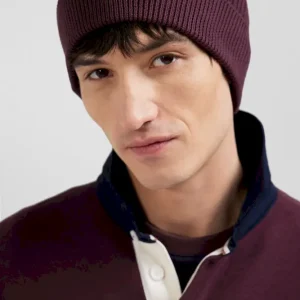 Alternative view of Bonnet tricoté en coton bordeaux détails tricolores