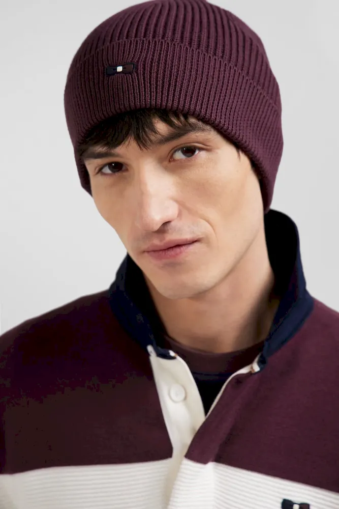 Bonnet Tricoté En Coton Bordeaux Détails Tricolores