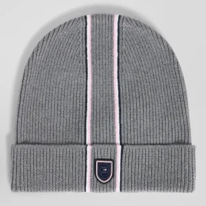 Bonnet en coton gris rayures roses et blanches