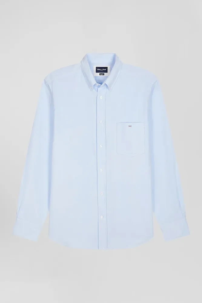 Chemise En Velours Côtelé Uni Ciel Col Boutonné Et Poche Poitrine Coupe Regular