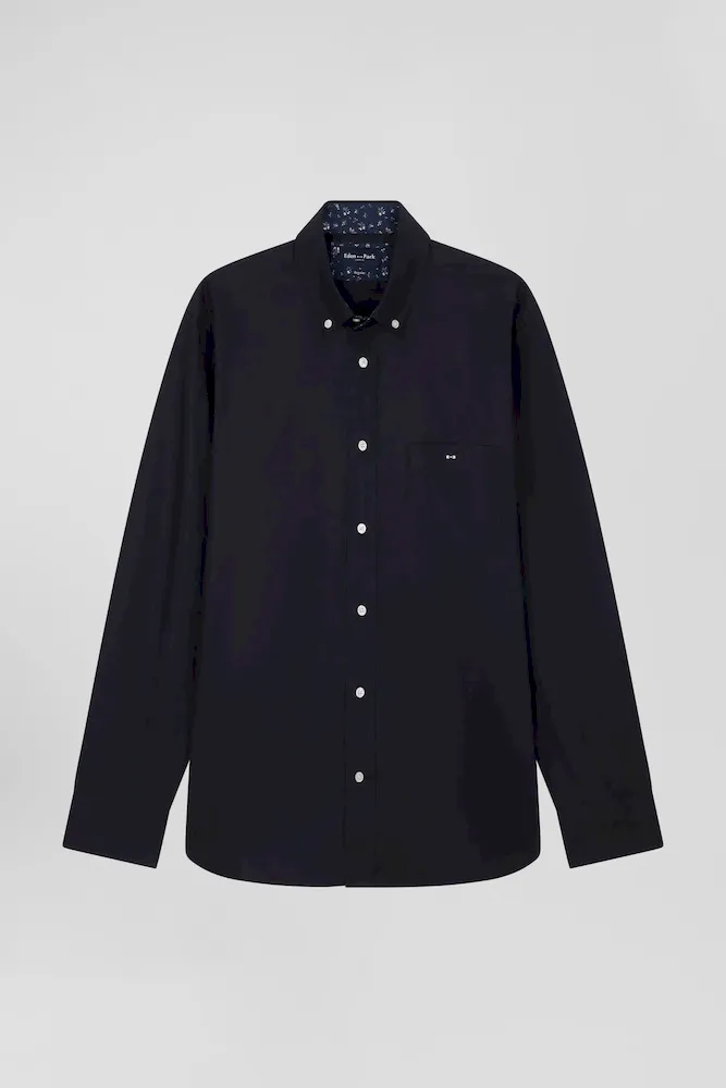 Chemise En Popeline De Coton Bleu Marine Col Boutonné Et Coudières Imprimées Coupe Regular