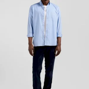 Chemise en popeline de coton ciel col boutonné et coudières imprimées coupe Regular