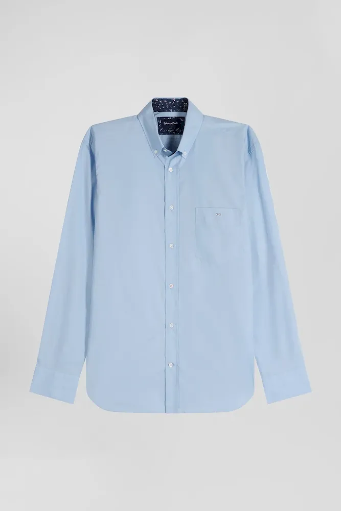 Chemise En Popeline De Coton Ciel Col Boutonné Et Coudières Imprimées Coupe Regular