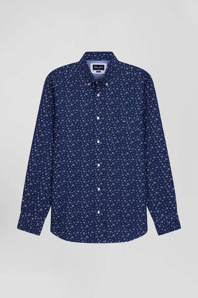 Chemise En Popeline De Coton Bleu Marine à Microimprimé Fleurs Coupe Regular