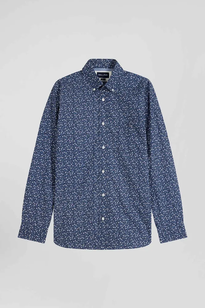 Chemise En Coton Indigo Coupe Regular Microimprimé