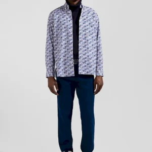 Chemise en popeline de coton bleue imprimé floral coupe Regular