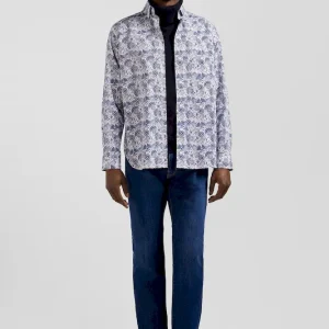 Chemise en coton écrue et bleue à imprimé graphique coupe Regular