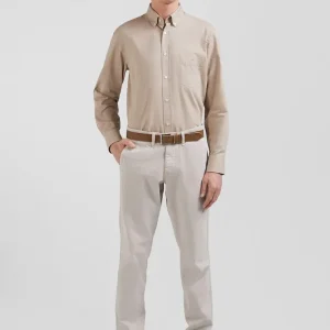 Chemise en twill de coton unie marron col à pointes boutonnées coupe Regular
