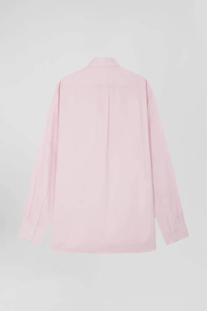 Chemise En Twill De Coton Unie Rose Col à Pointes Boutonnées Coupe Regular