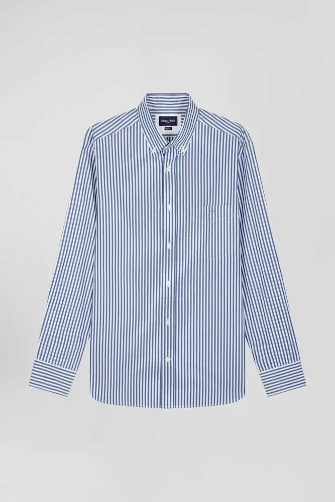 Chemise En Popeline De Coton Rayée Bleue Coupe Regular