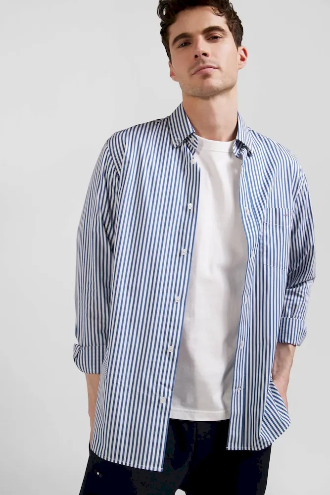 Chemise en popeline de coton rayée bleue coupe Regular – Bild 3
