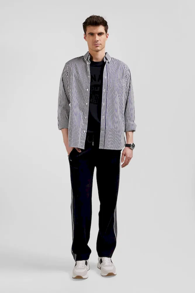 Chemise en popeline de coton rayée marine coupe Regular