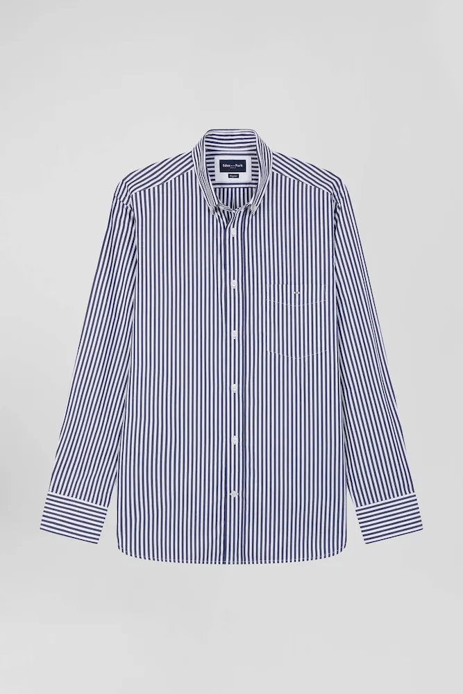 Chemise En Popeline De Coton Rayée Marine Coupe Regular
