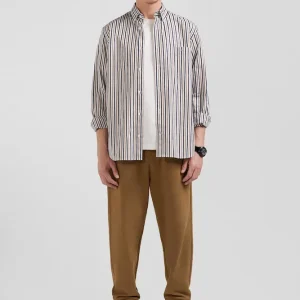 Chemise en popeline de coton rayée grège coupe Regular