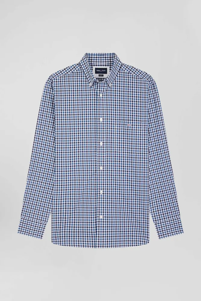 Chemise En Popeline De Coton Bleu Marine à Carreaux Bicolore Coupe Regular