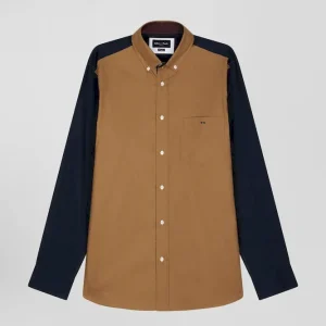 Alternative view of Chemise bicolore en coton pin point noisette coupe Regular broderie dos