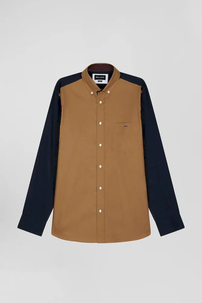 Chemise Bicolore En Coton Pin Point Noisette Coupe Regular Broderie Dos