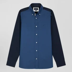 Alternative view of Chemise bicolore en coton pin point bleu foncé coupe Regular broderie dos