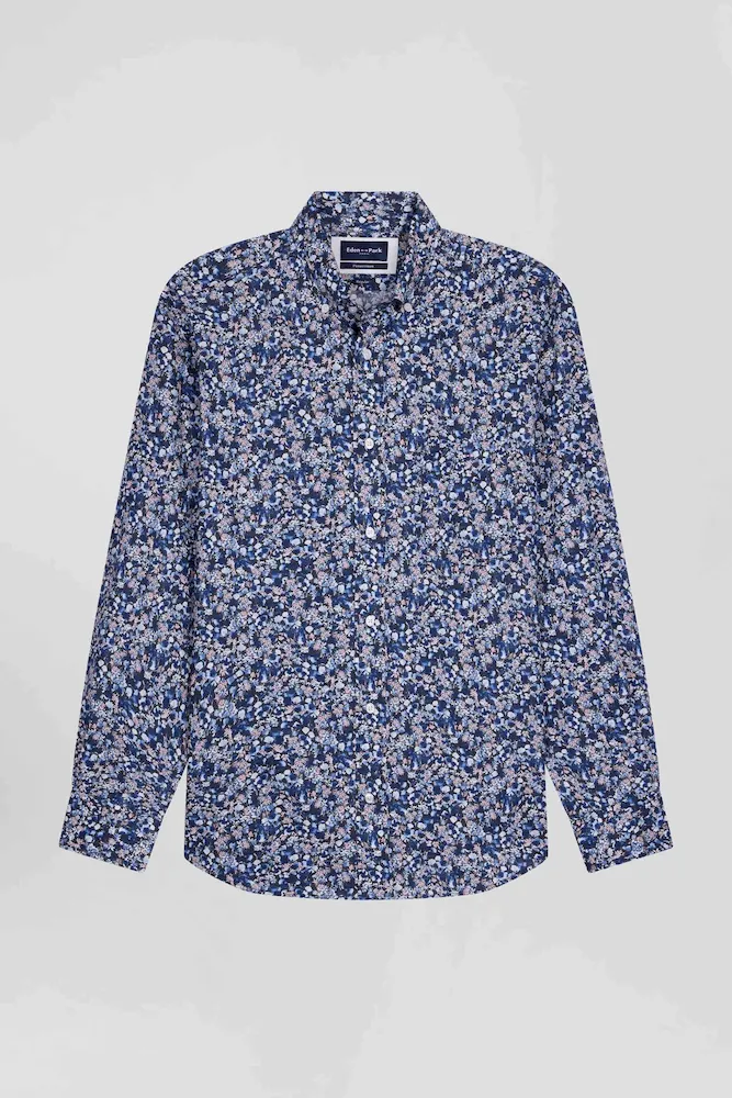 Chemise En Popeline De Coton Pima Bleu Marine Microimprimé Floral Coupe Regular