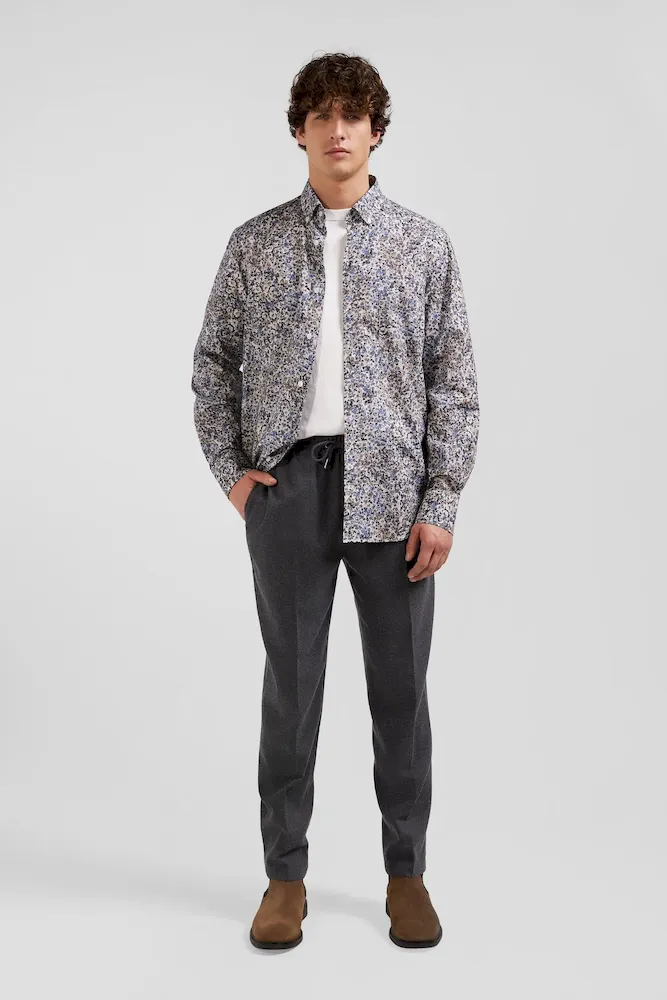 Chemise en popeline de coton écrue microimprimé floral coupe Regular
