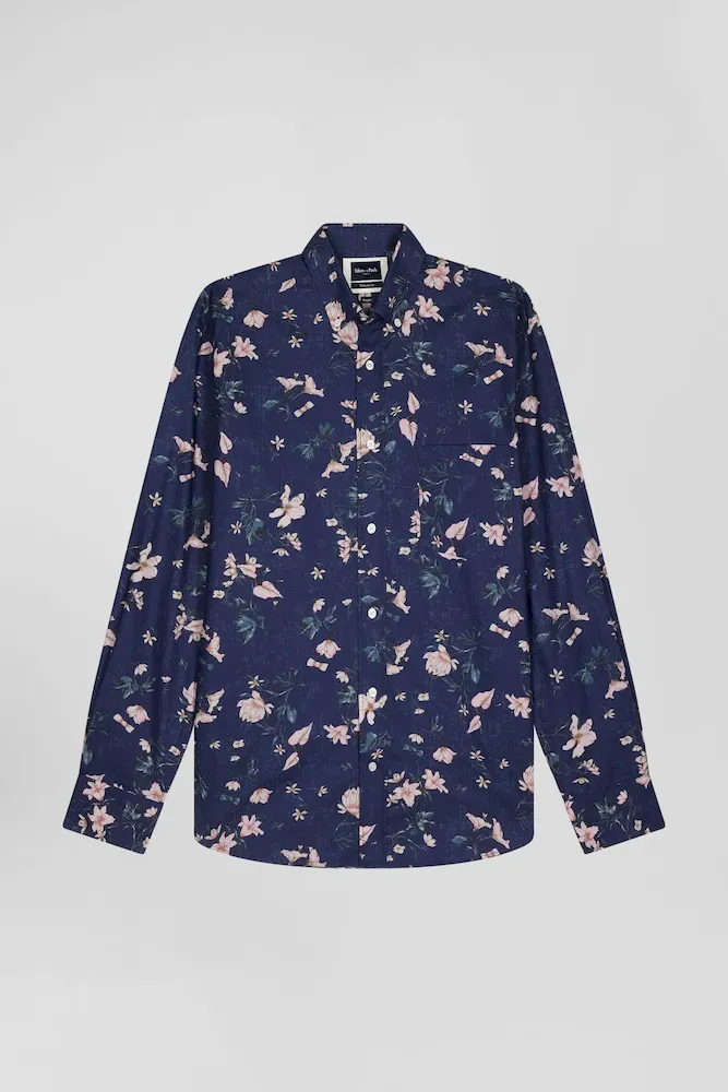 Chemise En Popeline De Coton Pima Marine Imprimé Floral Coupe Regular