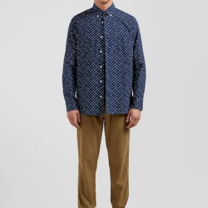 Chemise en popeline de coton bleu marine microimprimé floral coupe Regular