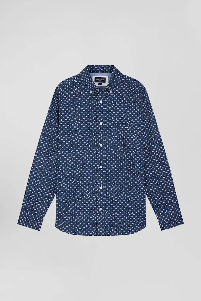 Chemise En Popeline De Coton Bleu Marine Microimprimé Floral Coupe Regular