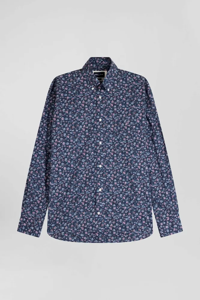 Chemise En Coton à Microimprimé Bleu Foncé Coupe Regular