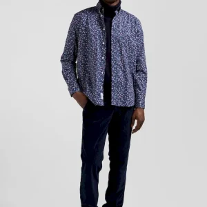 Chemise en coton à microimprimé bleu foncé coupe Regular