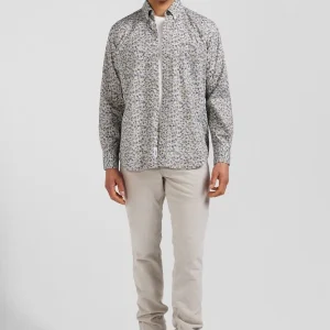 Chemise en coton à microimprimé vert coupe Regular