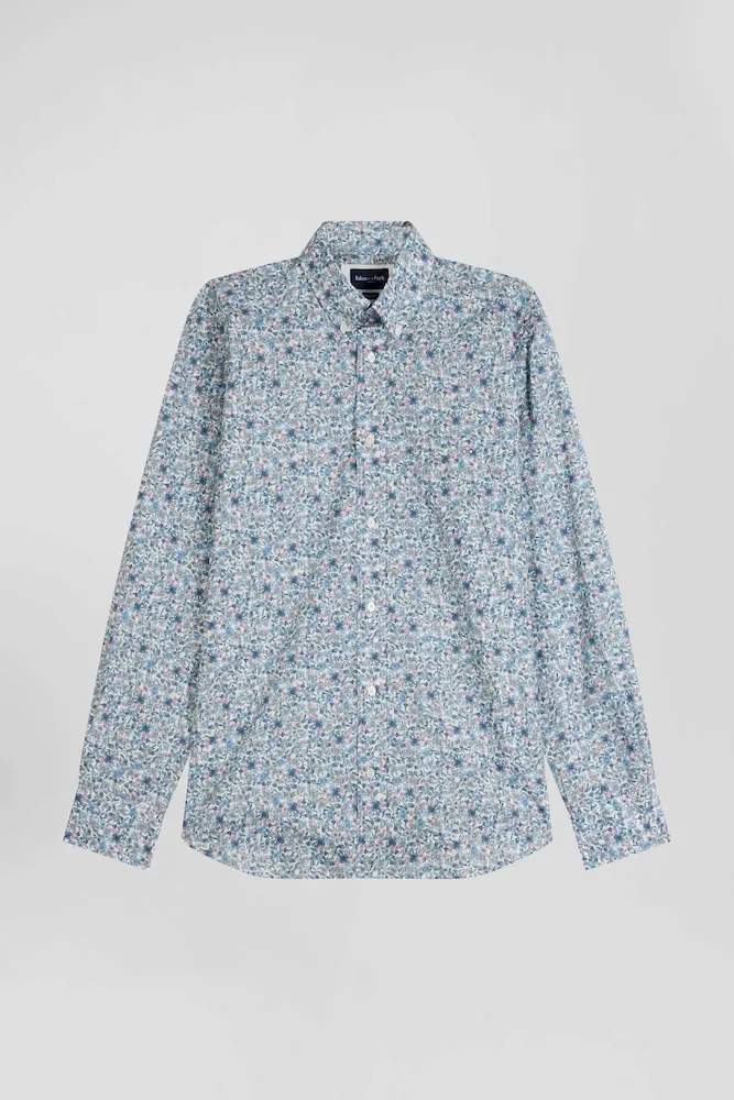 Chemise En Popeline De Coton Ciel Microimprimé Floral Coupe Regular