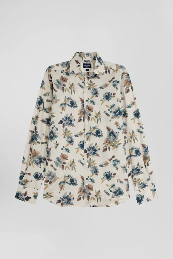 Chemise En Coton à Imprimé Floral Beige Coupe Slim