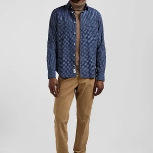 Chemise en popeline de coton indigo imprimé graphique coupe Slim