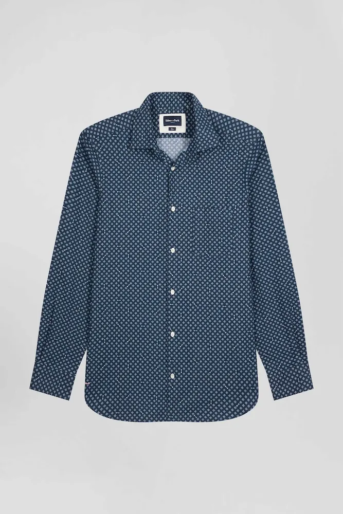 Chemise En Popeline De Coton Indigo Imprimé Graphique Coupe Slim