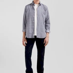 Chemise en coton à micro-motifs ciel coupe Slim