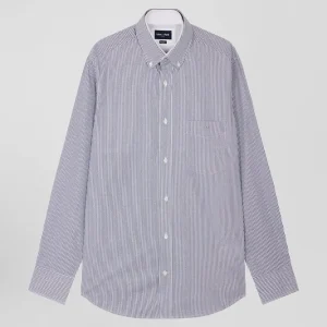 Chemise en coton jacquard bleu marine à rayures bâtons coupe Regular