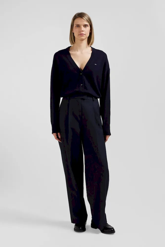 Cardigan en laine et coton bleu marine coupe Relaxed