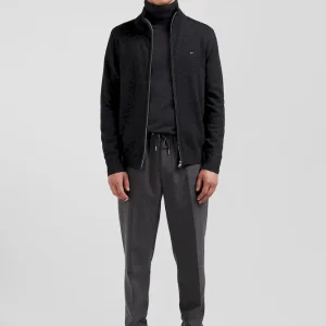 Cardigan zippé en laine et coton uni gris anthracite