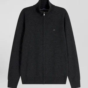 Alternative view of Cardigan zippé en laine et coton uni gris anthracite