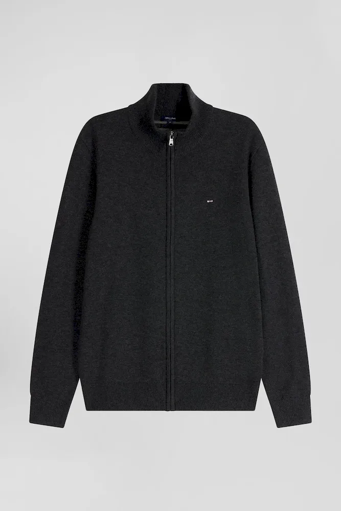 Cardigan Zippé En Laine Et Coton Uni Gris Anthracite