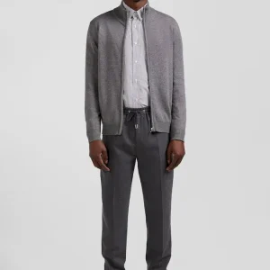 Cardigan zippé en laine et coton uni gris