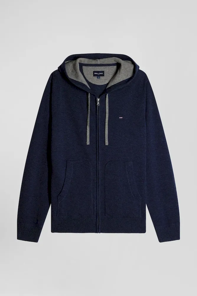 Sweatshirt Zippé En Maille Laine Et Coton Bleu Marine Coupe Regular