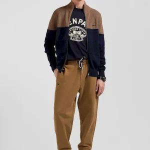 Cardigan zippé à col montant marine et noisette en coton