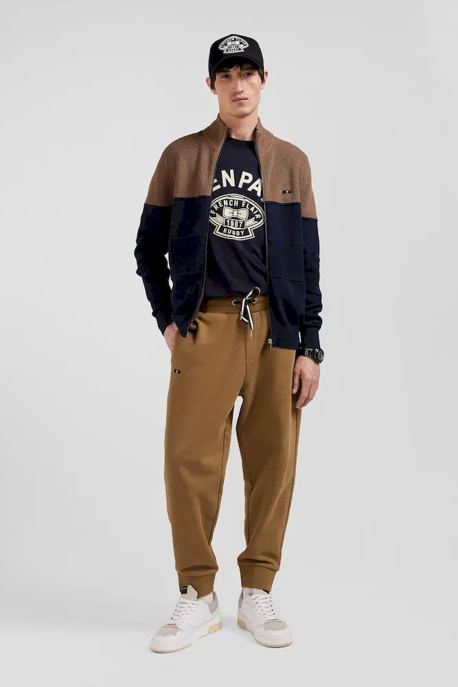 Cardigan zippé à col montant marine et noisette en coton